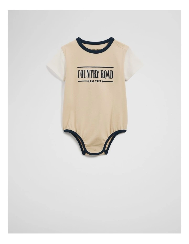 Cotton Spliced Logo Short Sleeve Bodysuit in Shell image 3