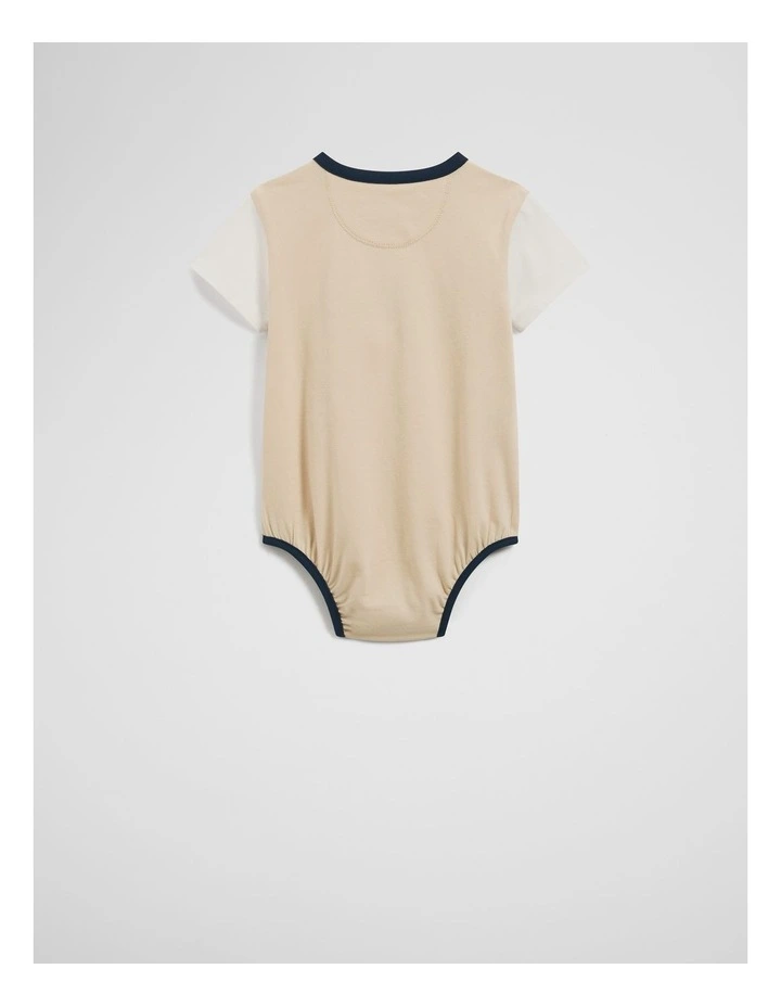 Cotton Spliced Logo Short Sleeve Bodysuit in Shell image 4