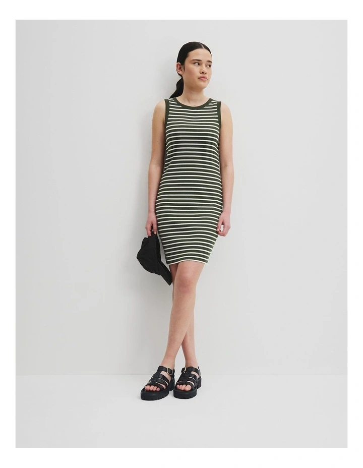 Teen Rib Knit Tank Dress in Dark Olive Stripe image 1