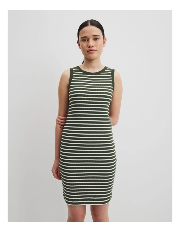 Teen Rib Knit Tank Dress in Dark Olive Stripe image 2