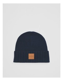 Organically Grown Cotton Blend Patch Logo Beanie in Navy