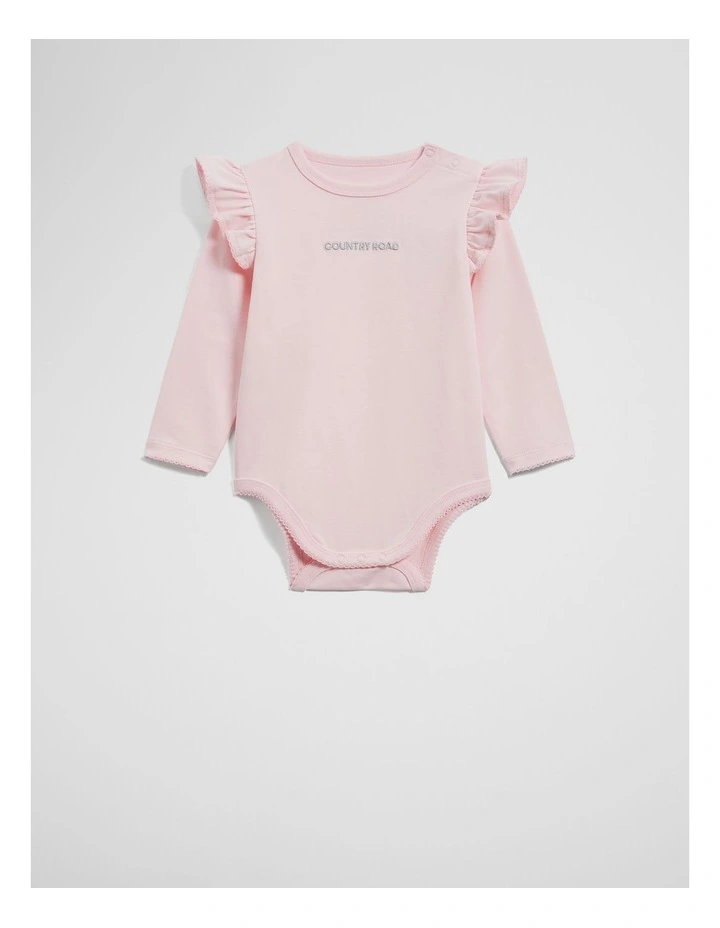 Organically Grown Cotton Frill Long Sleeve Logo Bodysuit in Mineral Pink image 1