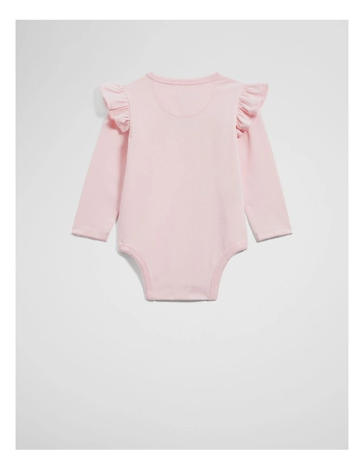 Organically Grown Cotton Frill Long Sleeve Logo Bodysuit in Mineral Pink image 2