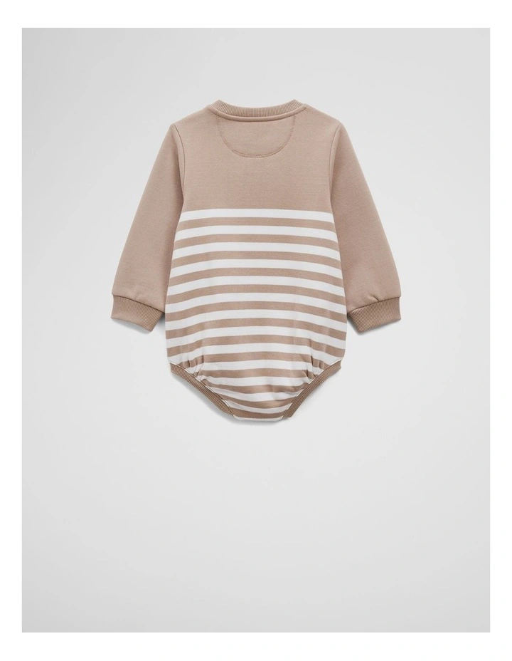 Organically Grown Cotton Logo Oversized Long Sleeve Bodysuit in Mushroom Stripe image 2