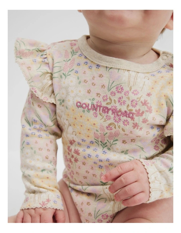 Cotton Frill Rib Long Sleeve Bodysuit in Winter Ditsy image 2
