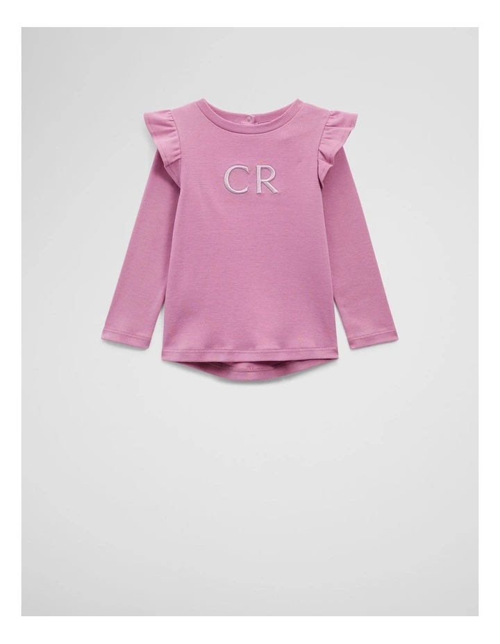 Australian Cotton Long Sleeve Logo Frill T-shirt in Berry image 1