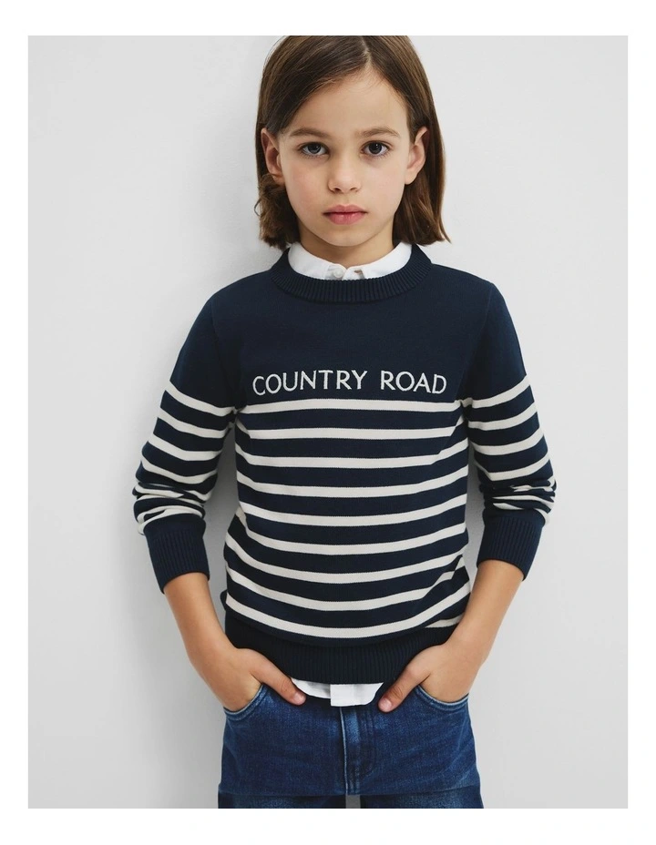 Cotton Stripe Logo Knit in Navy image 1