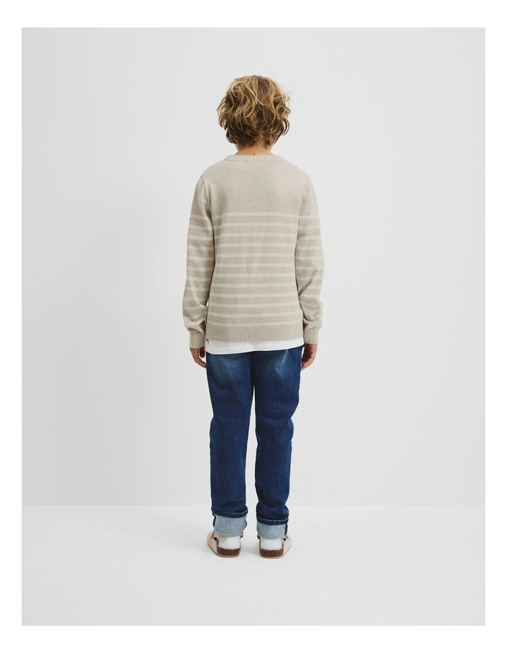 Cotton Stripe Logo Knit in Stone Marle image 3