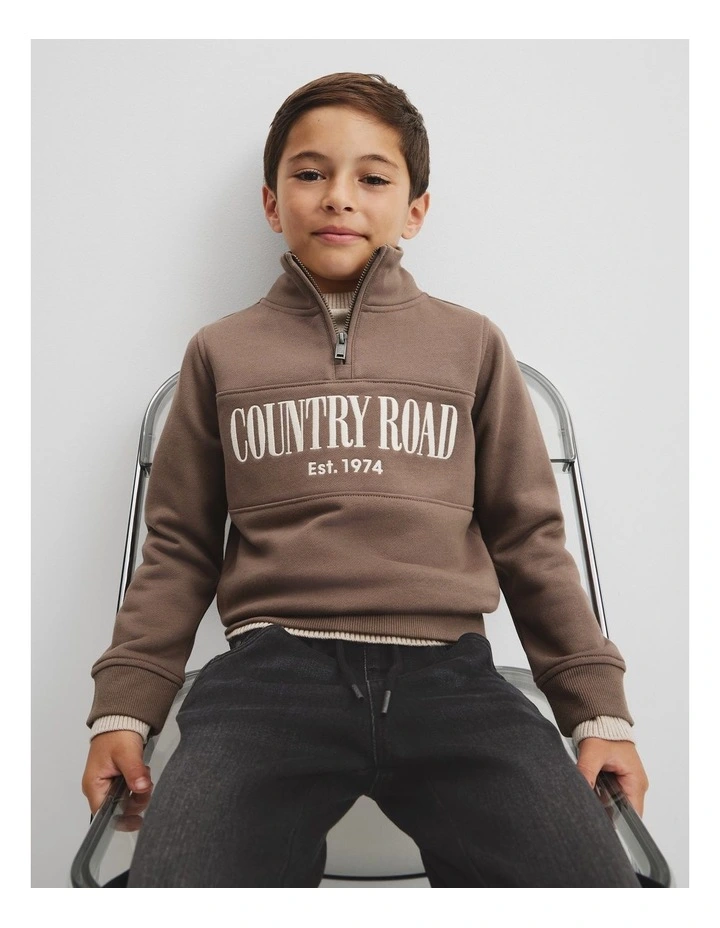 Verified Australian Cotton Heritage Half Zip Sweat in Chocolate Contrast image 2