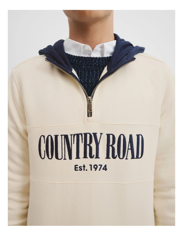 Teen Australian Cotton Hooded Half Zip Sweat in Oyster image 2