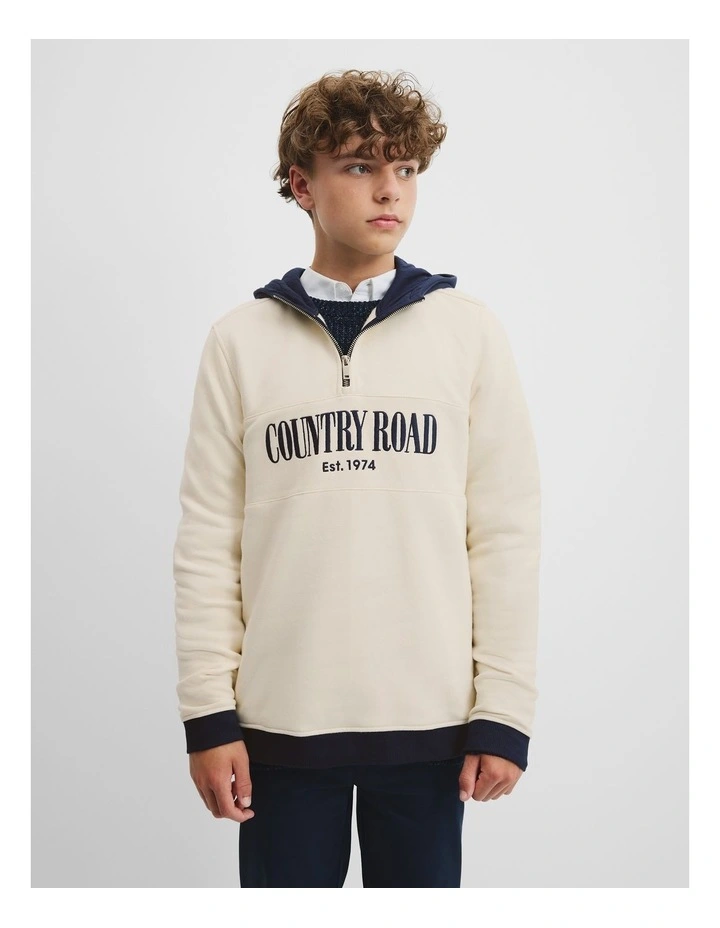 Teen Australian Cotton Hooded Half Zip Sweat in Oyster image 3