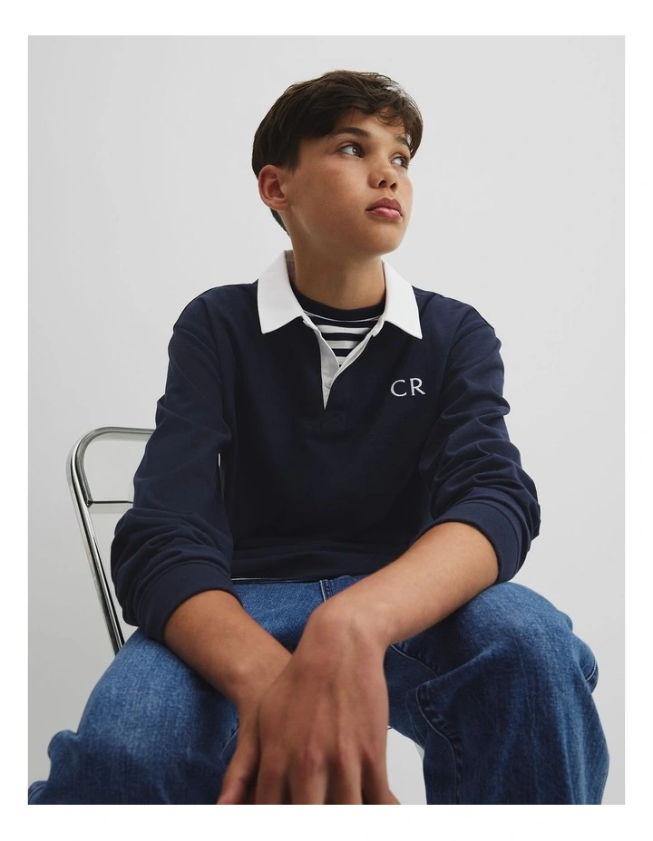 Teen Recycled Cotton Blend Long Sleeve Rugby T-shirt in Navy image 2