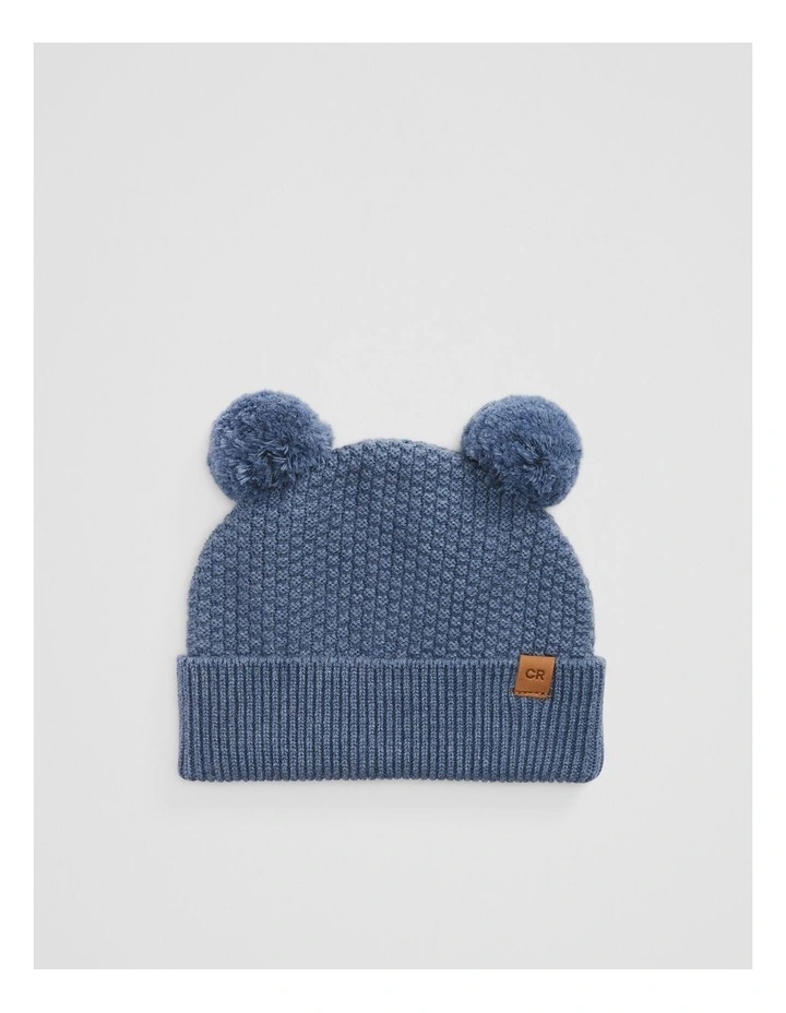 Organically Grown Cotton Blend Pom Ears Knit Beanie in Slate Blue Marle image 1
