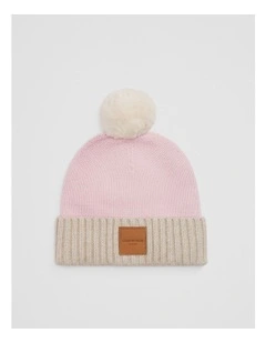 Organically Grown Cotton Blend Patch Logo Beanie in Mineral Pink