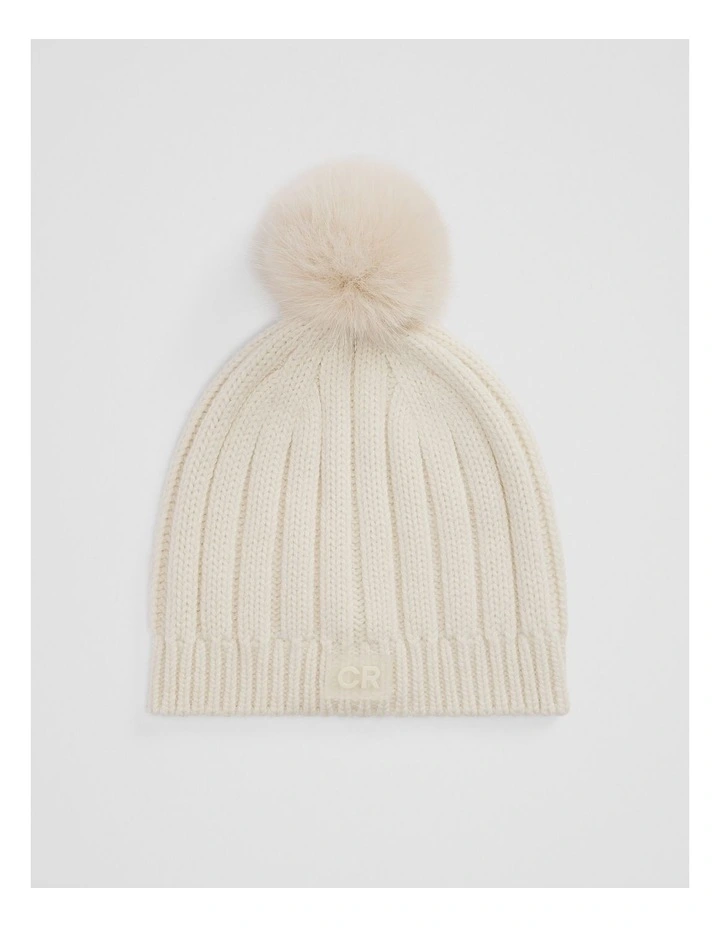 Organically Grown Cotton Blend Pom Pom Rib Beanie in Oyster image 1