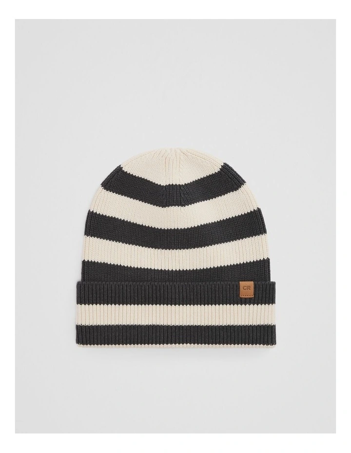 Organically Grown Cotton Blend Stripe Knit Beanie in Charcoal image 1