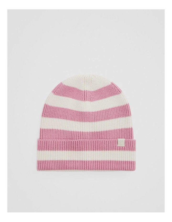 Organically Grown Cotton Blend Stripe Knit Beanie in Berry image 1