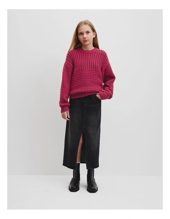 Teen Textured Crew Neck Knit Sweater in Ruby Red image 1