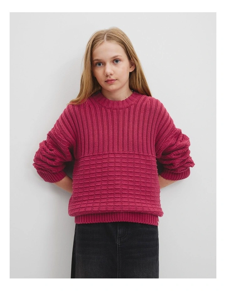 Teen Textured Crew Neck Knit Sweater in Ruby Red image 2