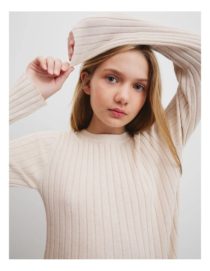 Teen Rib Knit Long Sleeve Top in Oatmeal image 3