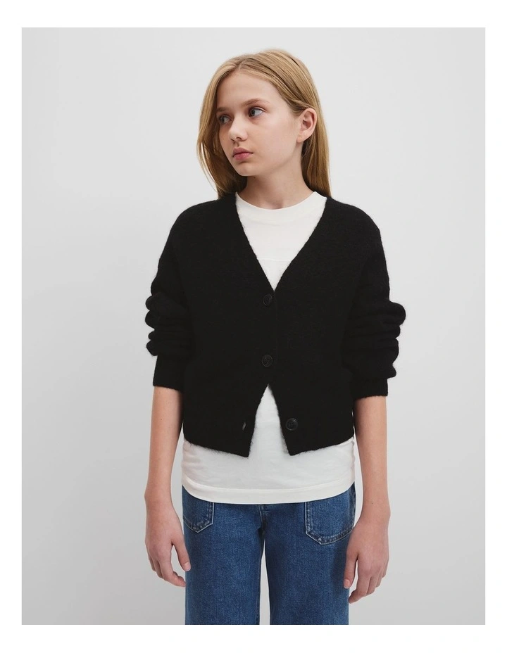 Teen Fluffy Knit Cardigan in Black image 2