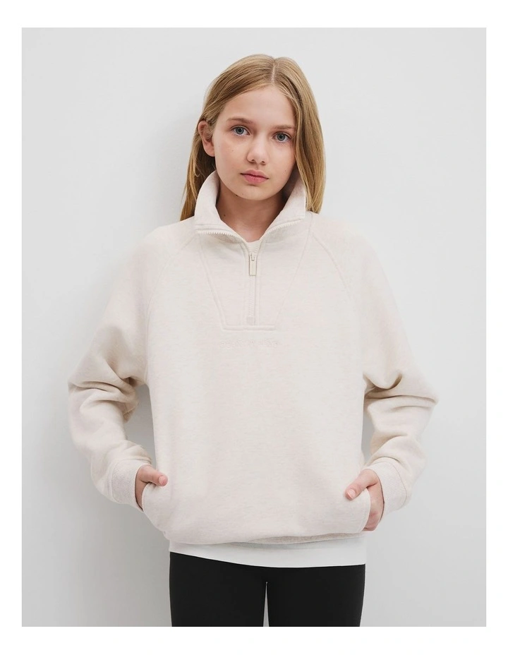Teen Cotton Collared Half Zip Sweat in Oatmeal Marle image 2
