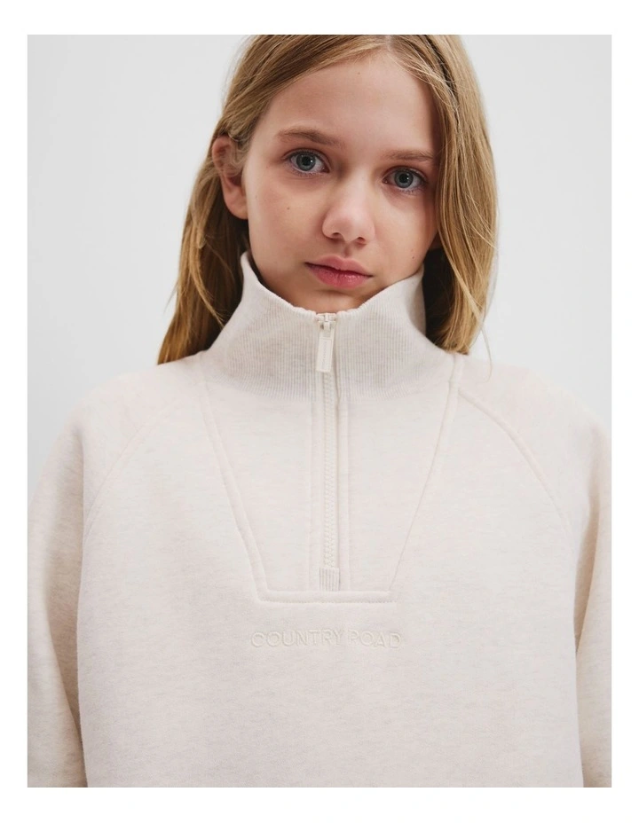 Teen Cotton Collared Half Zip Sweat in Oatmeal Marle image 3