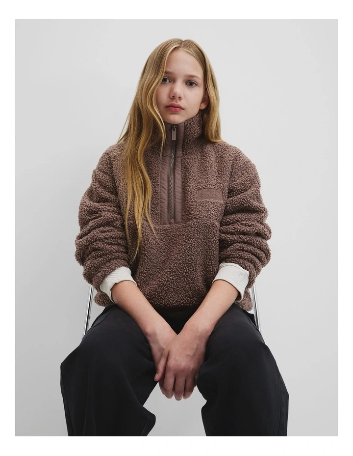 Teen Sherpa Half Zip Sweat Top in Chocolate image 1