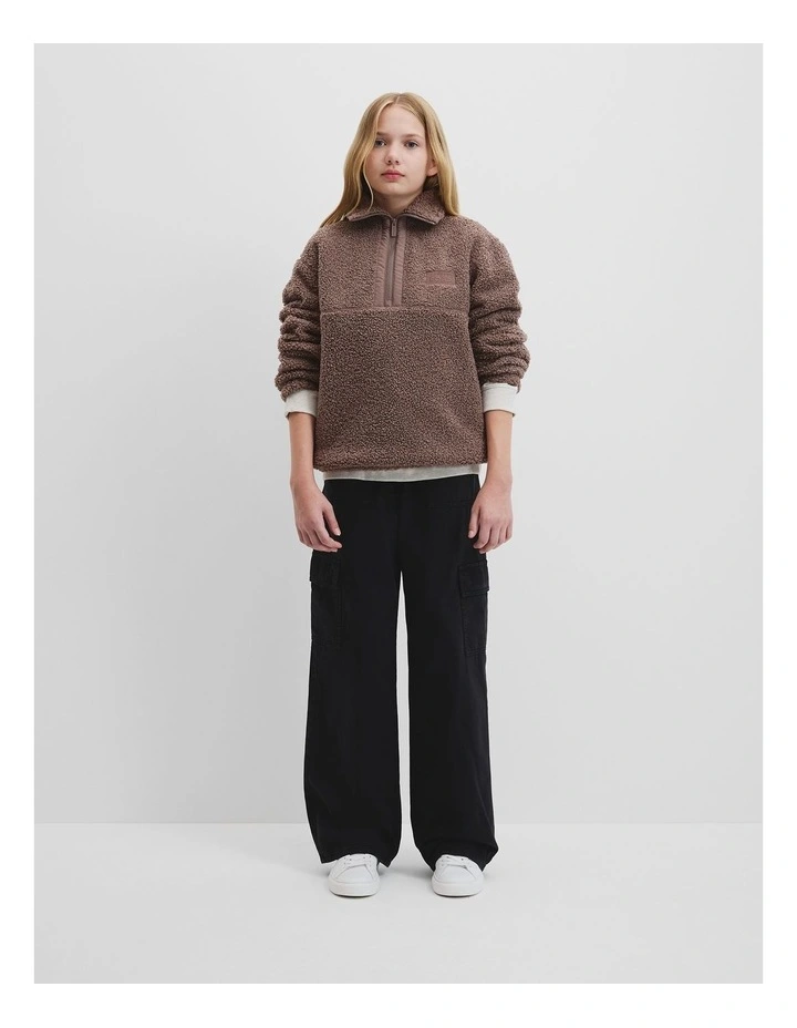 Teen Sherpa Half Zip Sweat Top in Chocolate image 2