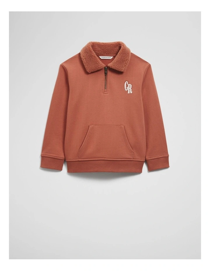 Organically Grown Cotton Shearling Collar Sweat in Terracotta image 1