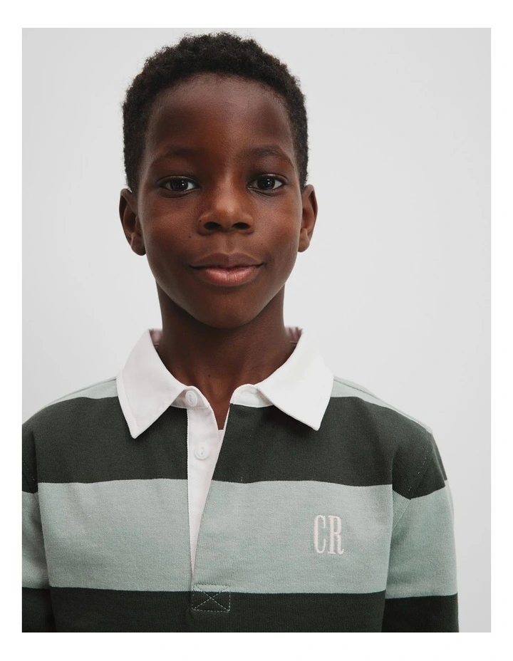 Organically Grown Cotton Stripe Rugby Top in Forest image 2