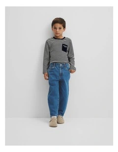 Organically Grown Cotton Long Sleeve Pocket T-shirt in Navy Stripe