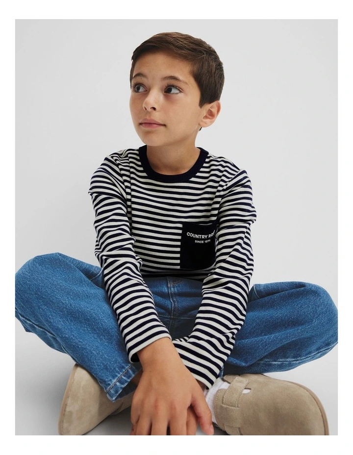 Organically Grown Cotton Long Sleeve Pocket T-shirt in Navy Stripe image 2