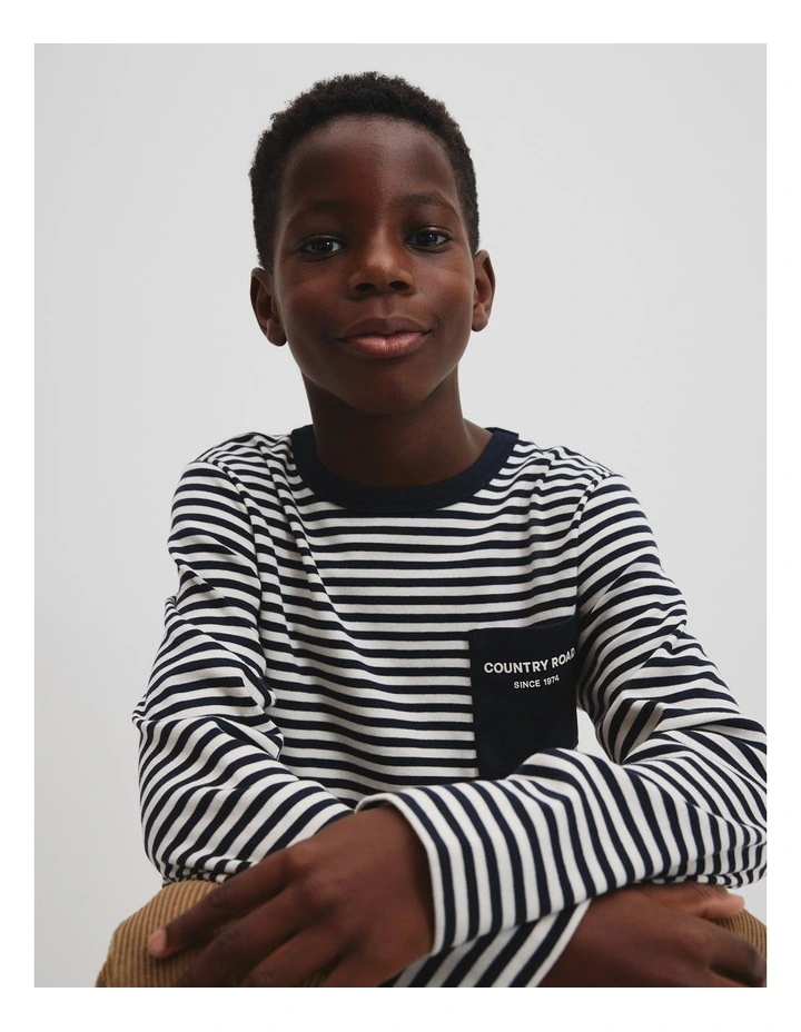 Organically Grown Cotton Long Sleeve Pocket T-shirt in Navy Stripe image 2