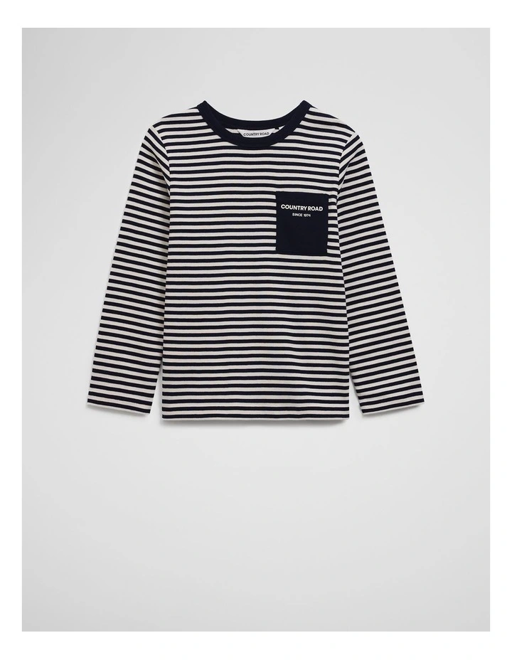 Organically Grown Cotton Long Sleeve Pocket T-shirt in Navy Stripe image 4