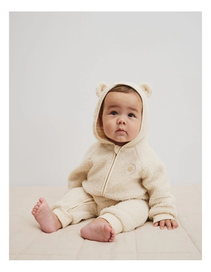 Recycled Polyester Sherpa Hooded Jumpsuit in Oyster image 1