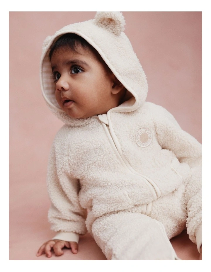 Recycled Polyester Sherpa Hooded Jumpsuit in Oyster image 2