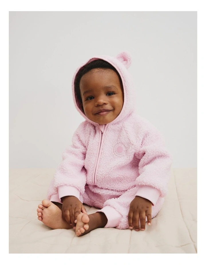 Polyester Sherpa Hooded Jumpsuit in Mineral Pink image 1