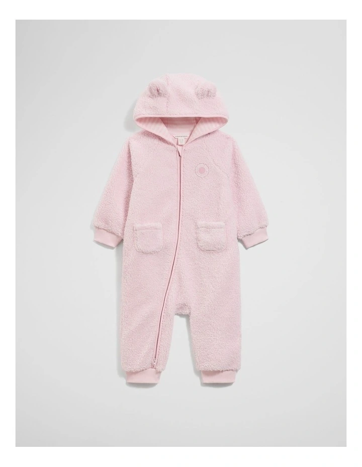 Polyester Sherpa Hooded Jumpsuit in Mineral Pink image 3