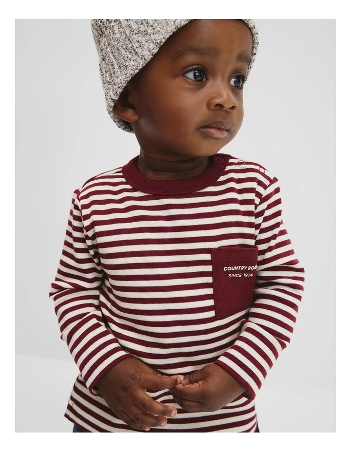 Organically Grown Cotton Long Sleeve Pocket T-shirt in Garnet Stripe image 2