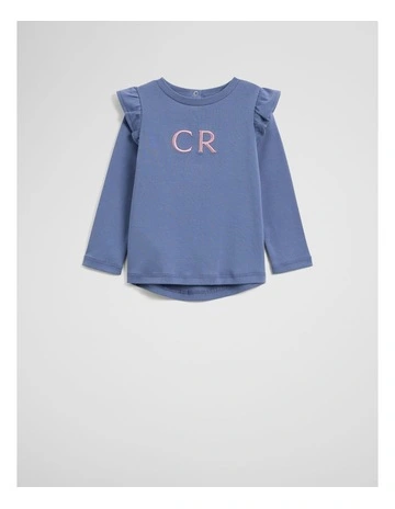 Australian Cotton Long Sleeve Logo Frill T-shirt in Steel Blue