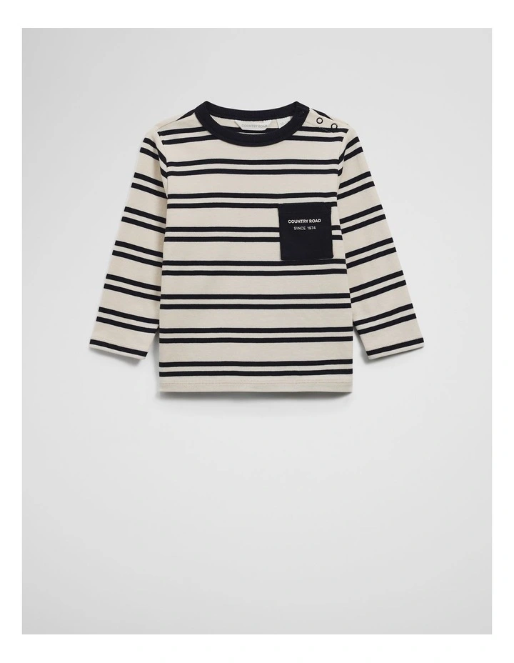 Organically Grown Cotton Long Sleeve Pocket T-shirt in Charcoal Stripe image 1