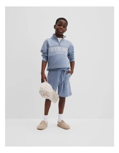 Organically Grown Cotton Pocket Detail Sweat Short in Slate Blue