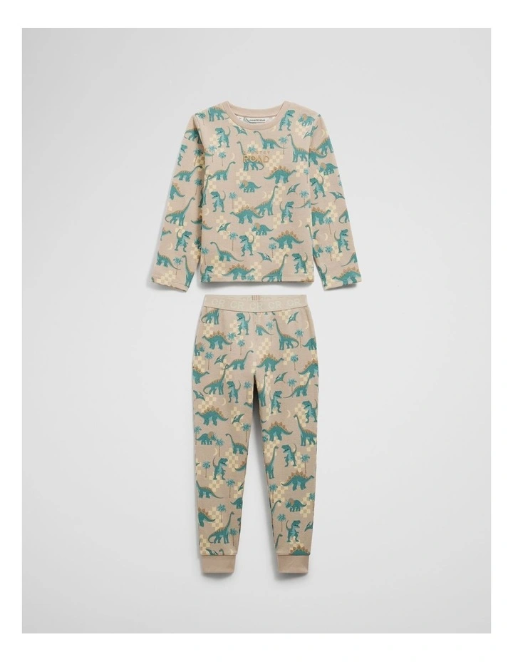 Australian Cotton Dino Print Pyjama Set in Oat image 1