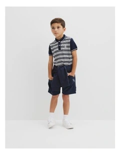Organically Grown Cotton Logo Polo Shirt in Navy Stripe