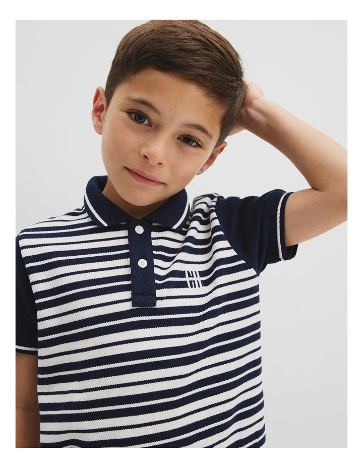 Organically Grown Cotton Logo Polo Shirt in Navy Stripe image 2
