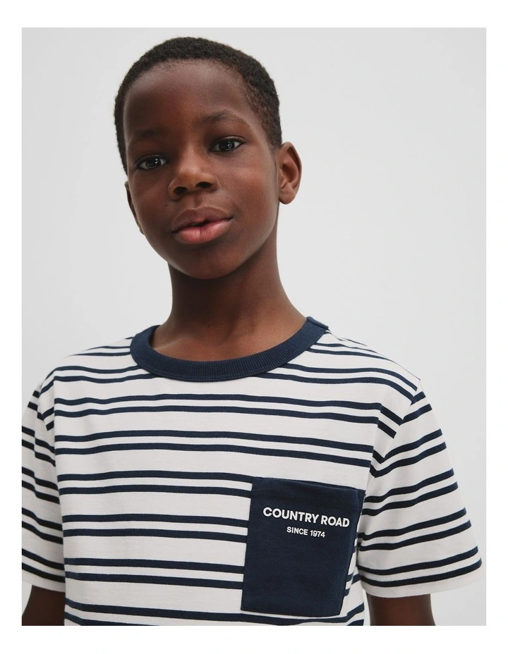 Organically Grown Cotton Country Road Pocket T-shirt in Navy Stripe image 2