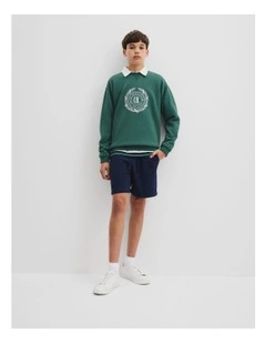 Teen Australian Cotton Logo Wreath Sweat in Pine Green