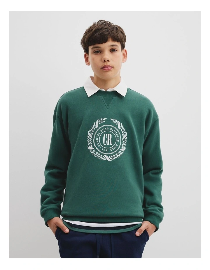 Teen Australian Cotton Logo Wreath Sweat in Pine Green image 2