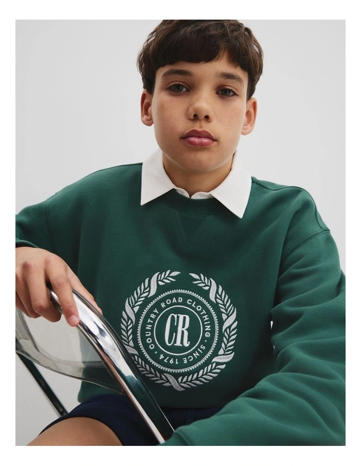 Teen Australian Cotton Logo Wreath Sweat in Pine Green image 3